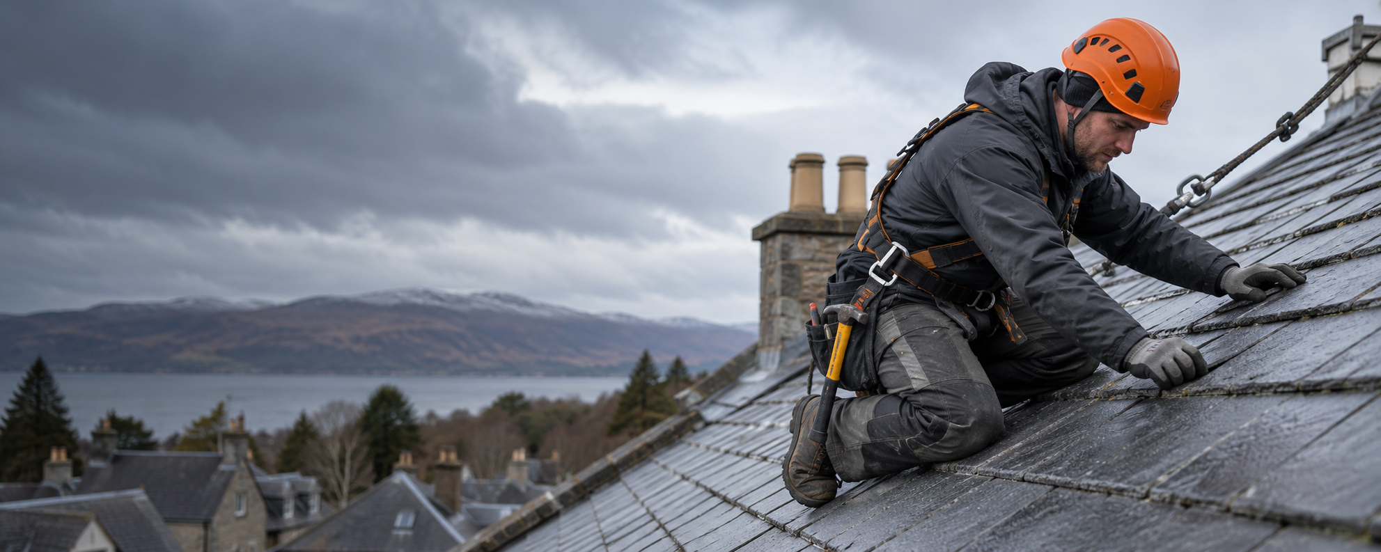Generated illustration of a roofer inspecting slate tiles