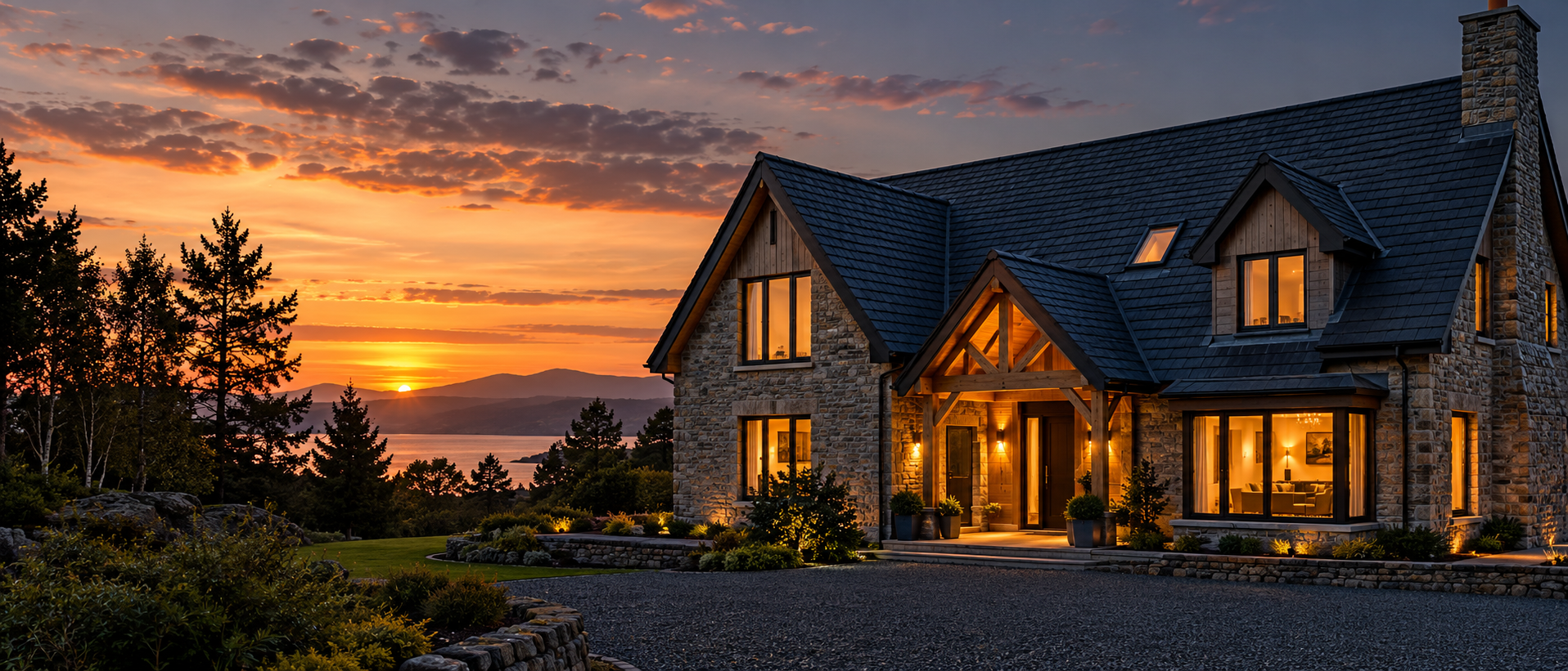 Generated illustration of a slate-roofed stone house at dusk