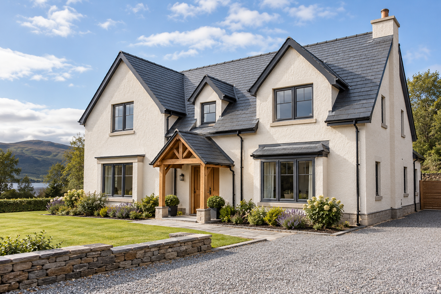 Generated cream home with a new grey slate roof