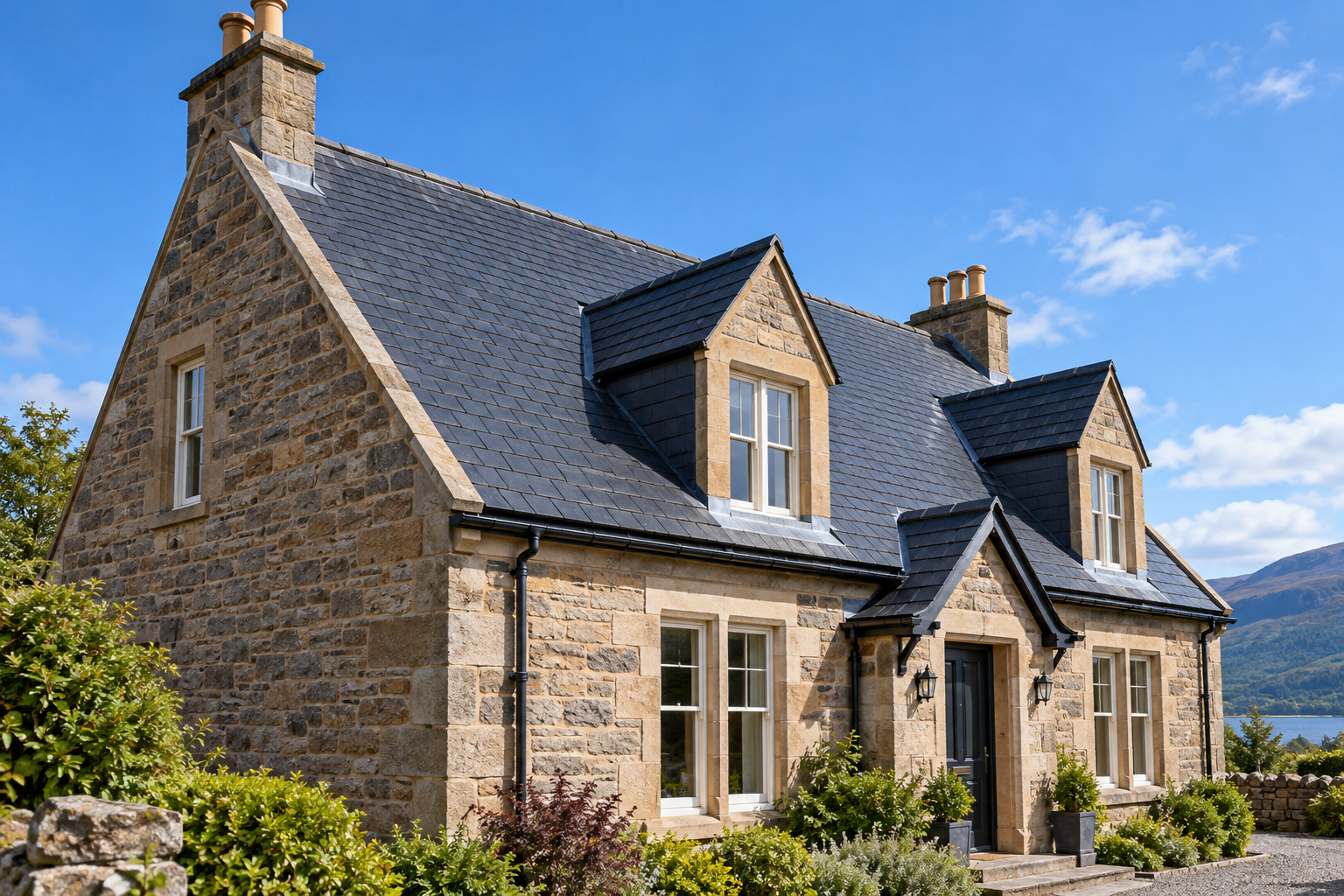 Generated slate roof on a sandstone home